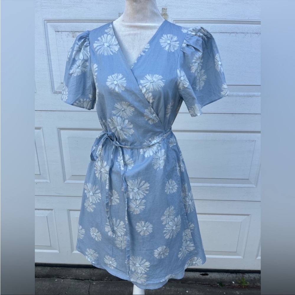 Women's Madewell Blue Floral Print Daisy Wrap Cotton Mini Dress Medium
